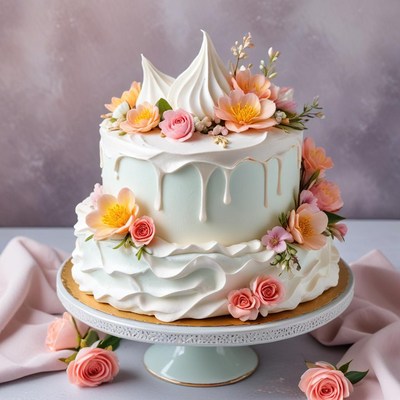 Elegant tiered cake with floral decorations