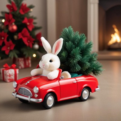 Bunny driving with christmas tree