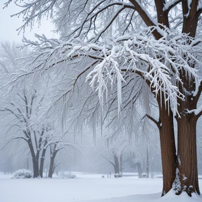 Winter trees with snow and icicles