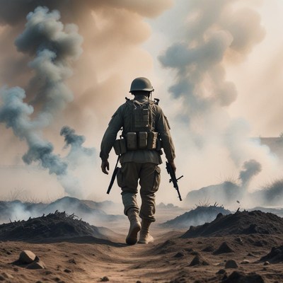 Soldier walking through smoky battlefield