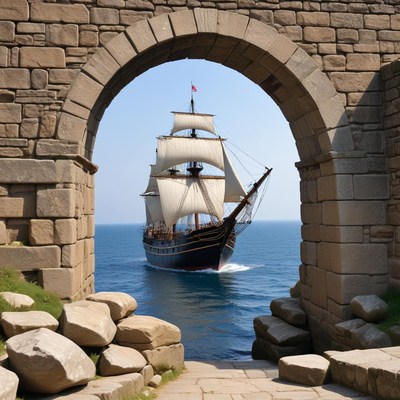 Historic ship sails through archway