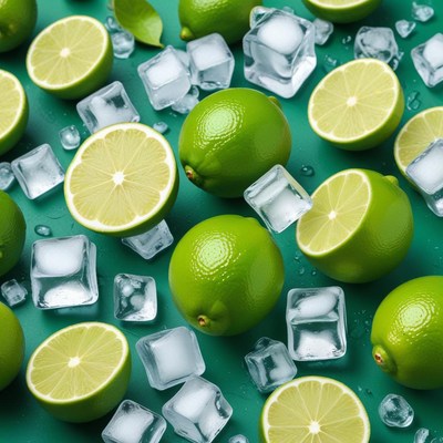 Fresh limes and ice cubes on green surface