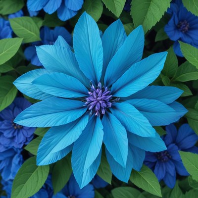 Bright blue flower among green leaves