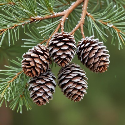 Pine cones on tree branch in winter