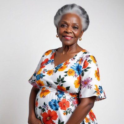 Joyful elderly woman in floral dress