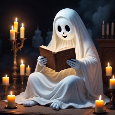 Ghost reading by candlelight in a dark room