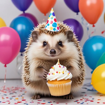 Hedgehog party celebration with cupcake
