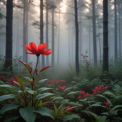 Red flowers bloom in misty forest