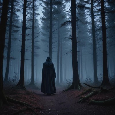 Mysterious figure in foggy forest