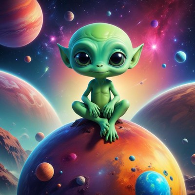 Alien child sits on colorful planet