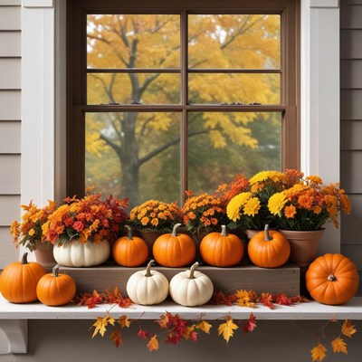 Cheerful autumn window display with pumpkins