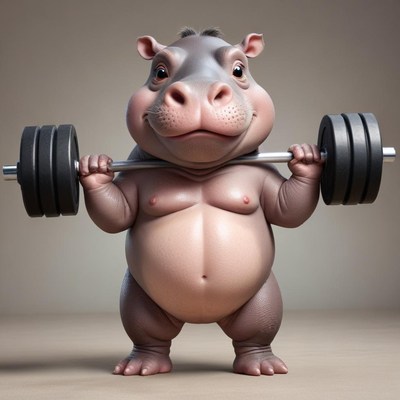 Strong hippo lifting weights in gym