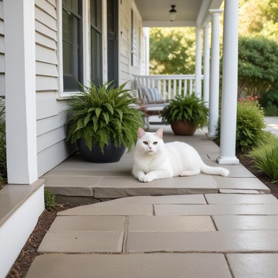 White cat lounging on porch