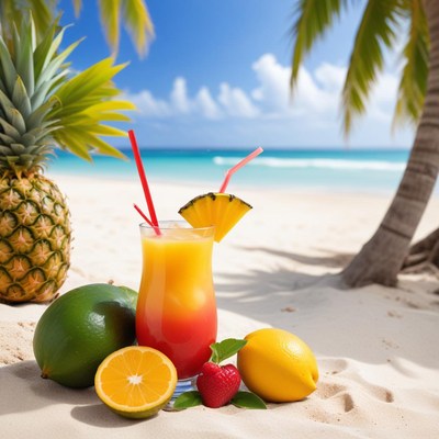 Refreshing tropical drink on beach