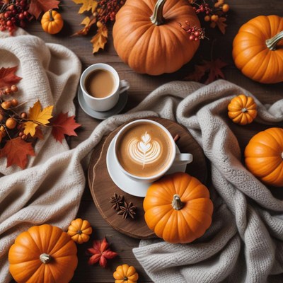 Cozy autumn coffee scene with pumpkins