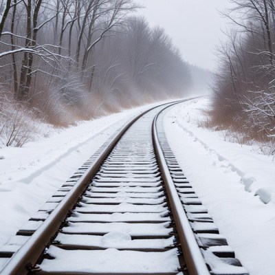 Snowy railway tracks in winter landscape