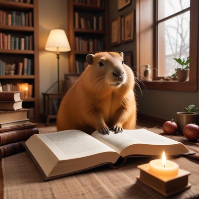 Capybara reading in cozy library