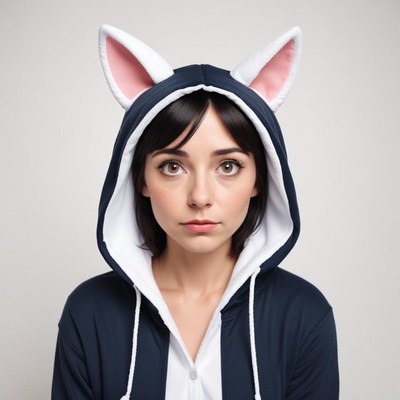 Young woman in a playful hooded outfit