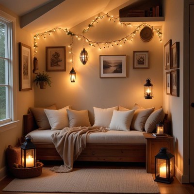 Cozy corner with warm lights and decor