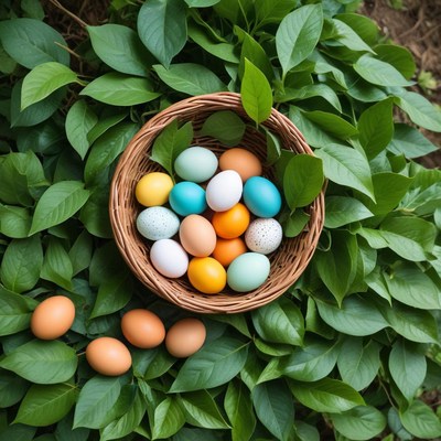 Colorful eggs in a basket on leaves