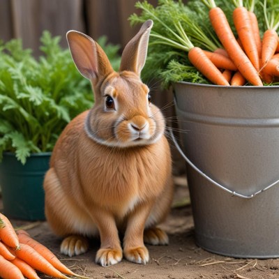 Rabbit with fresh carrots in garden