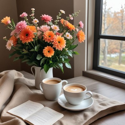 Warm coffee and flowers by the window