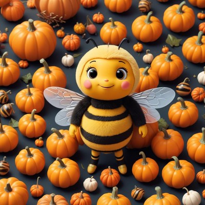 Cheerful bee among autumn pumpkins