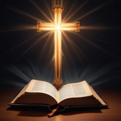 Golden cross above an open book