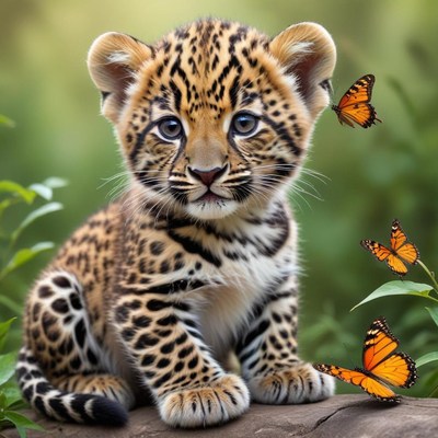 Curious leopard cub with butterflies