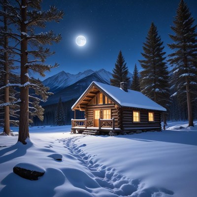 Cozy cabin under moonlit sky