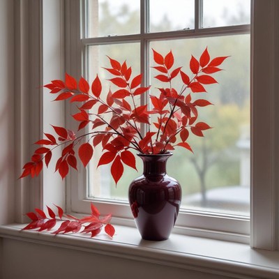 Bright red leaves in a vase