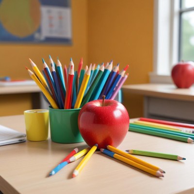 Colorful classroom workspace with supplies