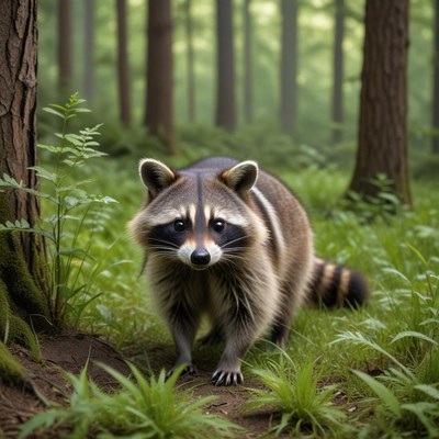 Raccoon exploring a lush forest