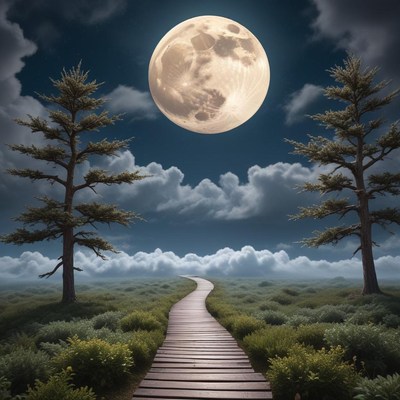 Moonlit path through serene landscape