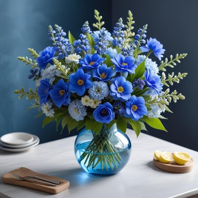 Bright blue floral arrangement centerpiece