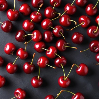 Fresh cherries scattered on dark surface
