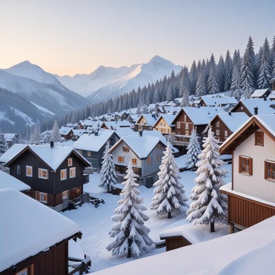 Winter village in snowy mountains
