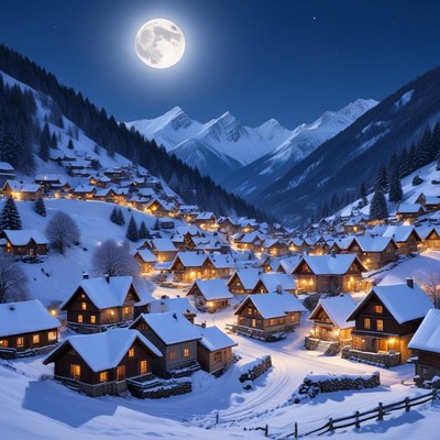 Snowy village under the moonlight
