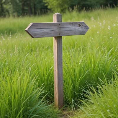 Wooden signpost in tall grass