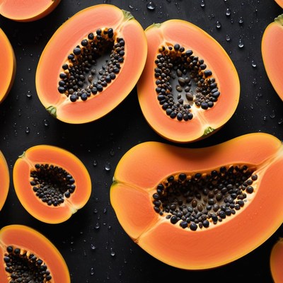 Fresh papaya slices on black surface