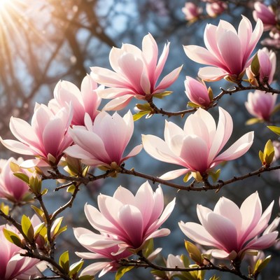 Magnolia blooms in soft sunlight
