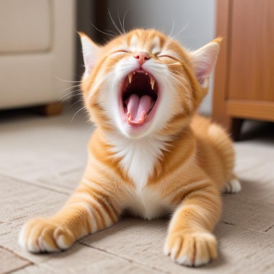 Playful orange kitten yawning joyfully