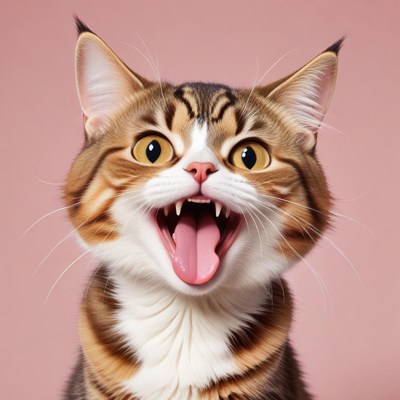 Cat with open mouth against pink background
