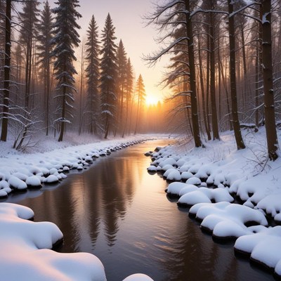 Serene winter sunset by a river
