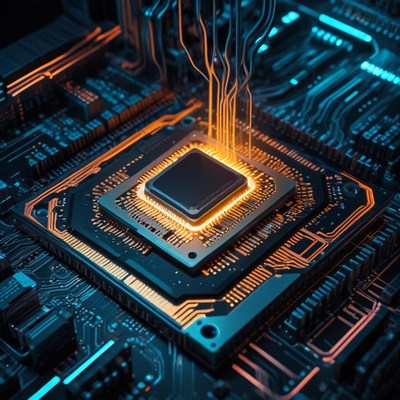 Circuit board with glowing processor details