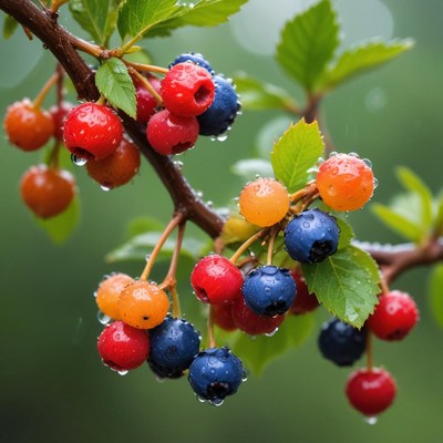 Bright berries with raindrops on branches