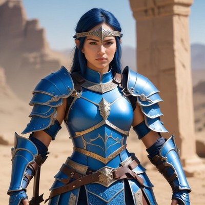 Warrior in blue armor stands strong