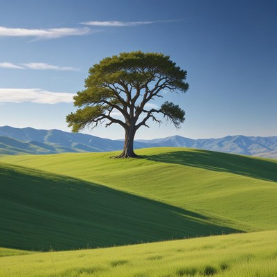 Lone tree in green valley landscape