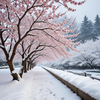 Cherry blossoms in winter wonderland