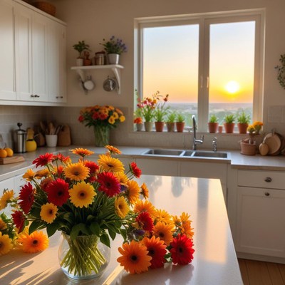 Vibrant flowers in sunny kitchen